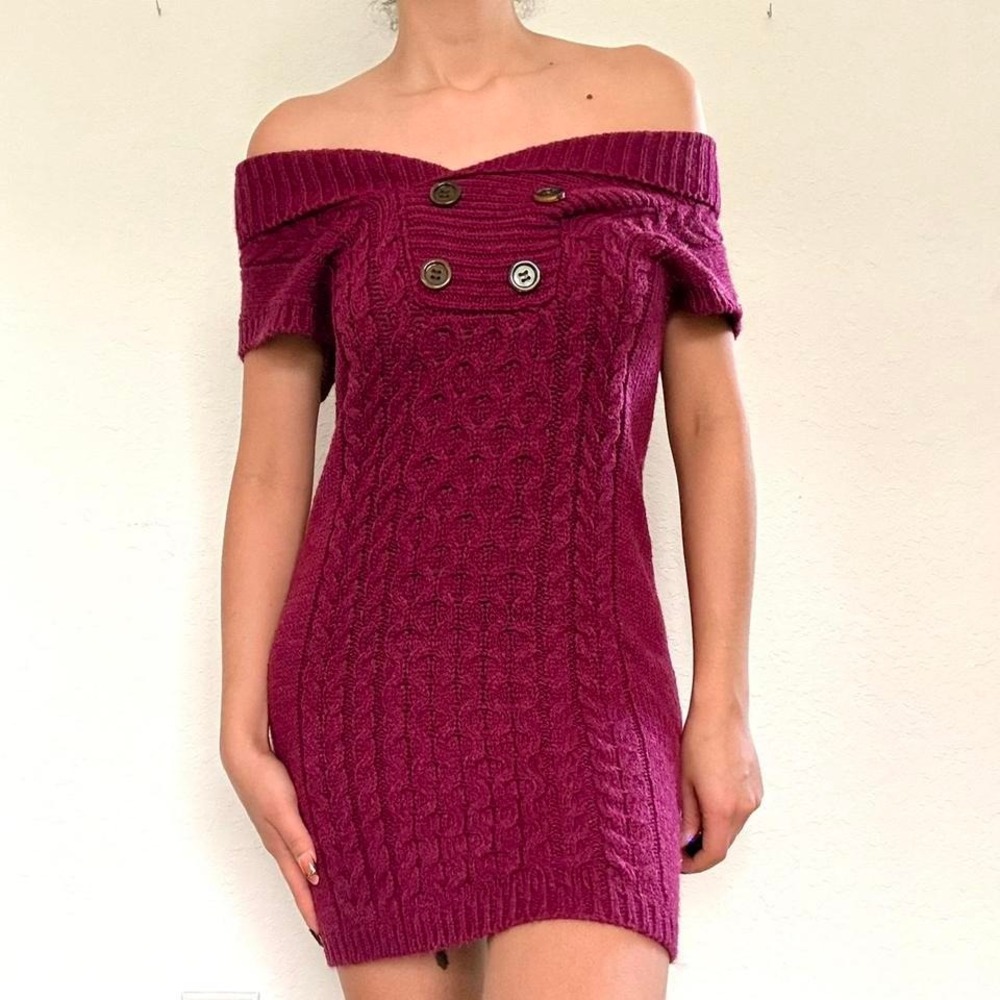 Y2K Burgundy Purple Cable Knit Sweater Dress